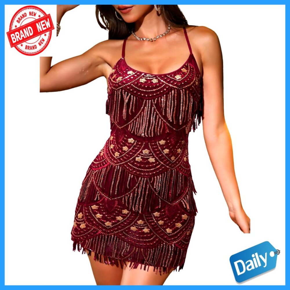 Sequin Mini Dress Backless Bodycon with Fringe for Party Cocktail
